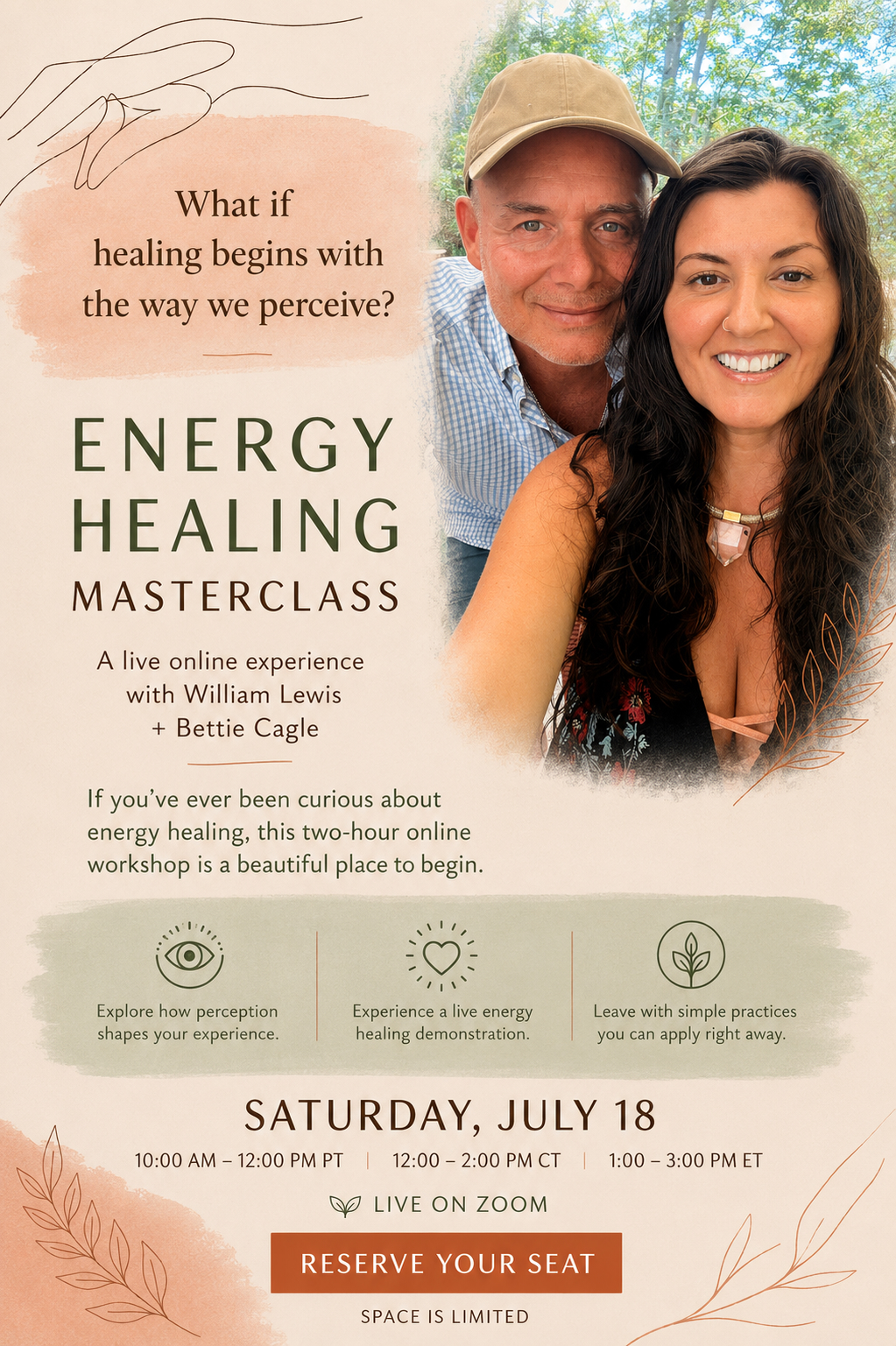 Energy Healing Masterclass flyer with William Lewis and Bettie Cagle, Saturday July 18